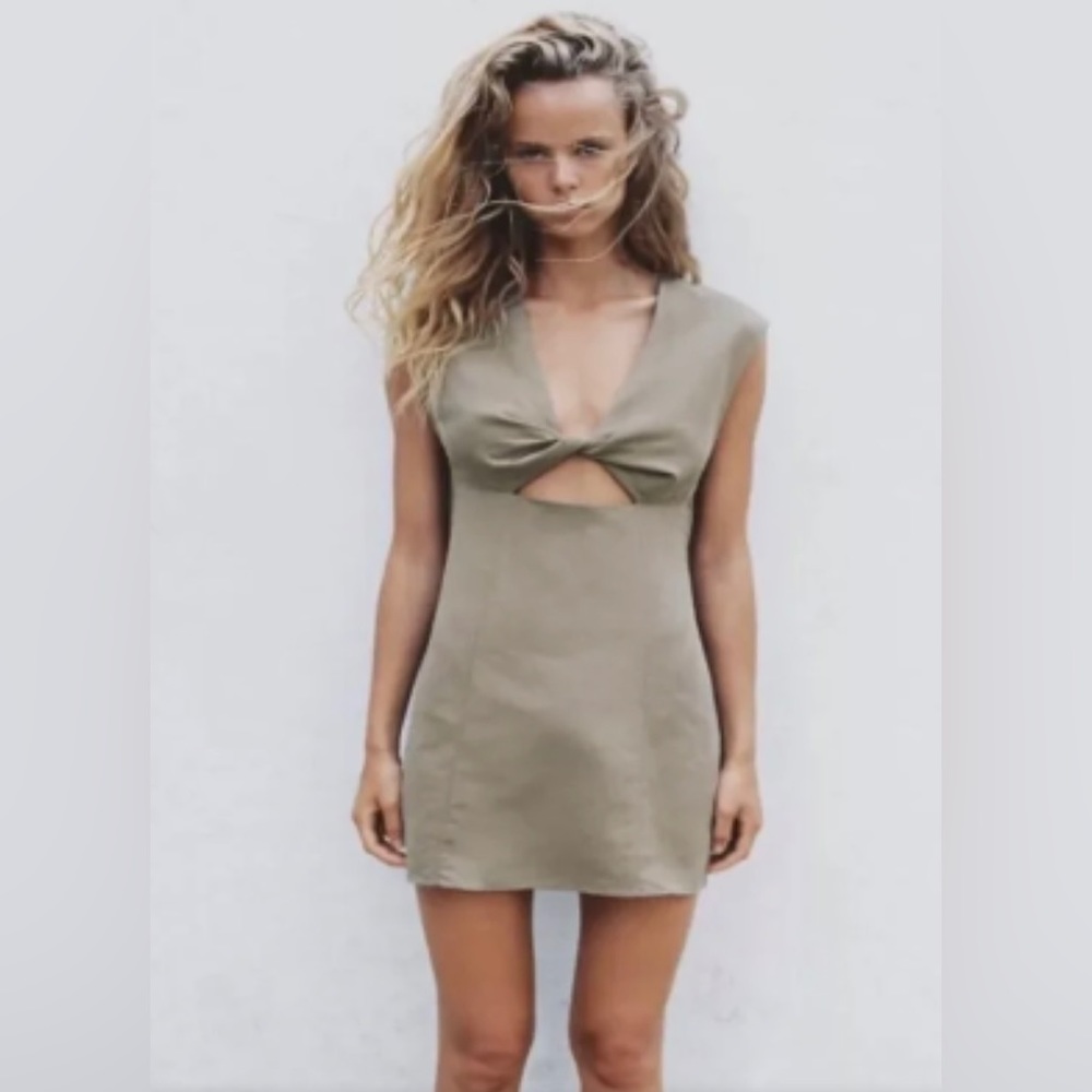 Brand New Zara Taupe Linen Cut-Out Short Dress Size S